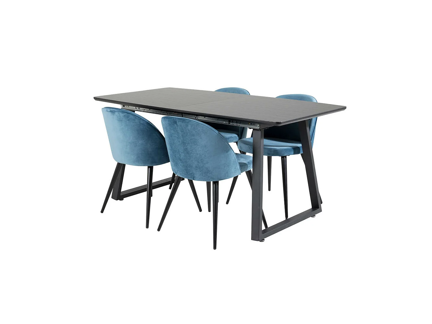 IncaBLBL ensemble table, table extensible longueur cm160 / 200 noir et 4 Velvet chaises Velours bleu, noir.