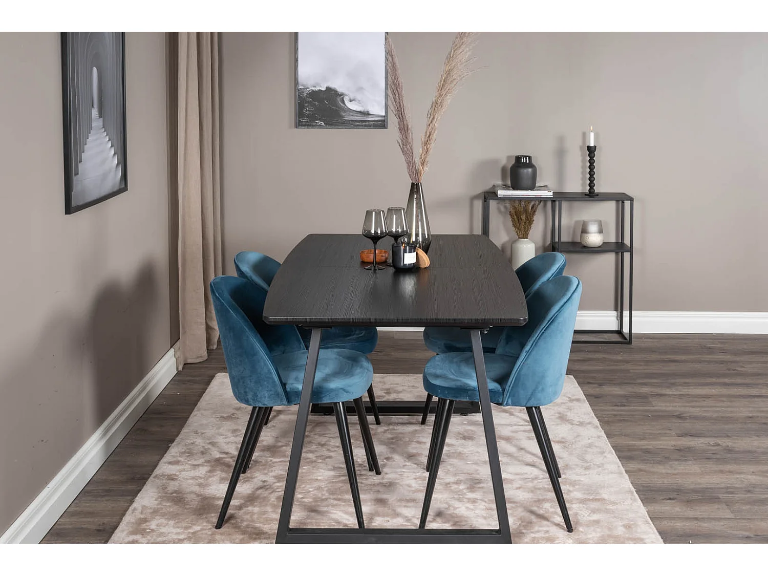 IncaBLBL ensemble table, table extensible longueur cm160 / 200 noir et 4 Velvet chaises Velours bleu, noir.