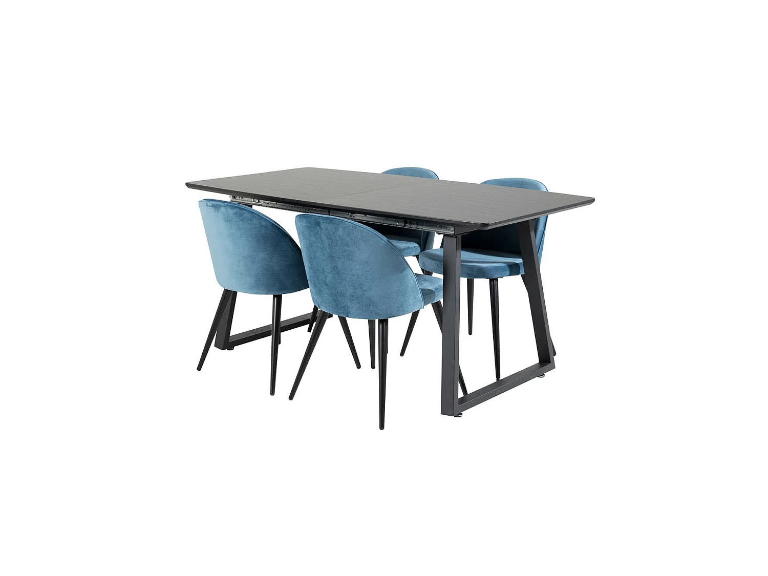 IncaBLBL ensemble table, table extensible longueur cm160 / 200 noir et 4 Velvet chaises Velours bleu, noir.
