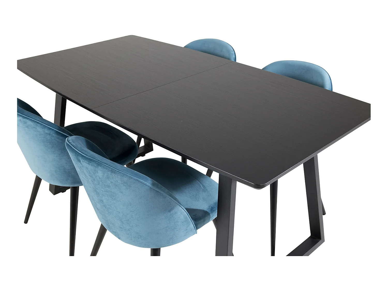 IncaBLBL ensemble table, table extensible longueur cm160 / 200 noir et 4 Velvet chaises Velours bleu, noir.