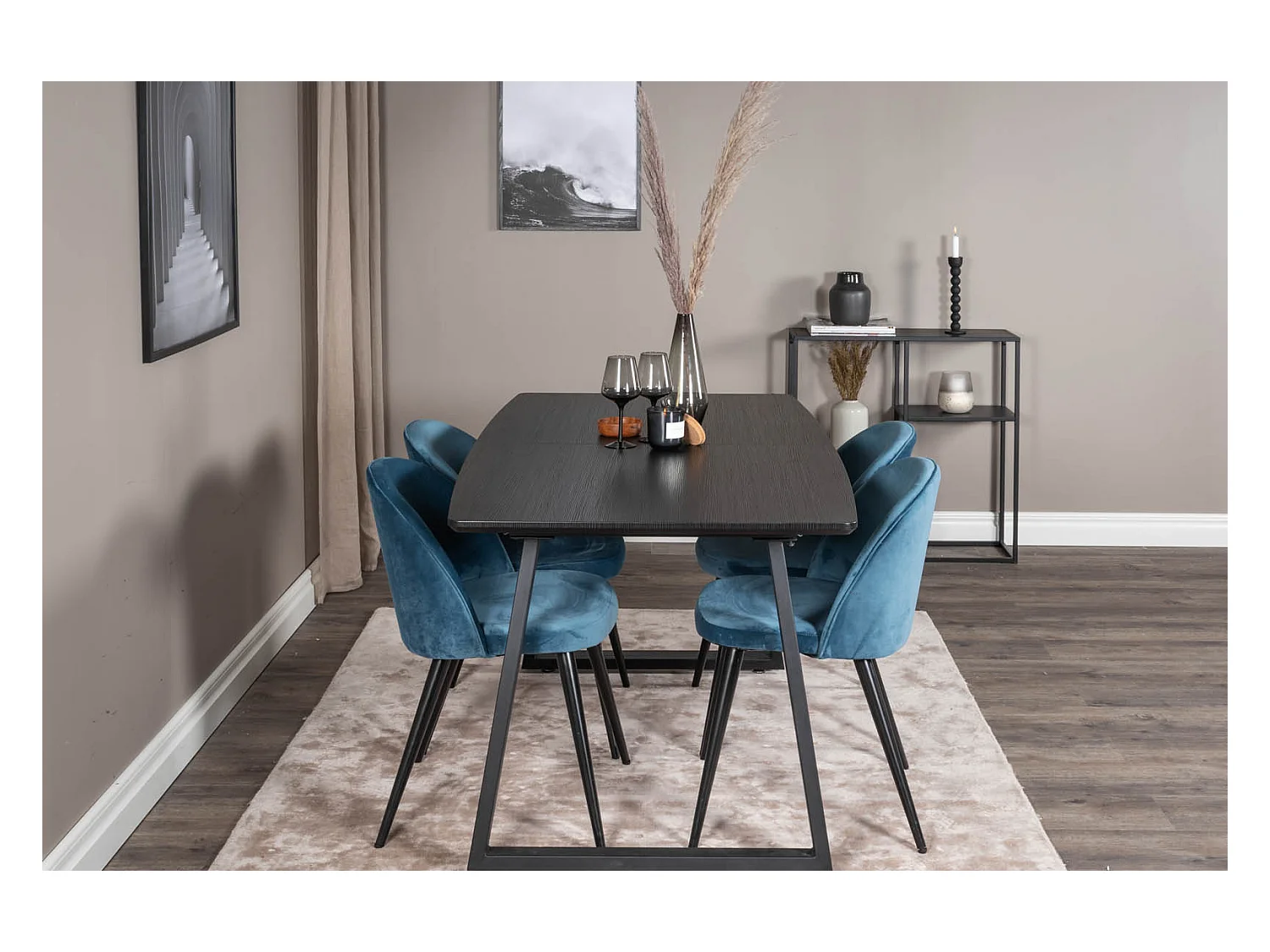 IncaBLBL ensemble table, table extensible longueur cm160 / 200 noir et 4 Velvet chaises Velours bleu, noir.