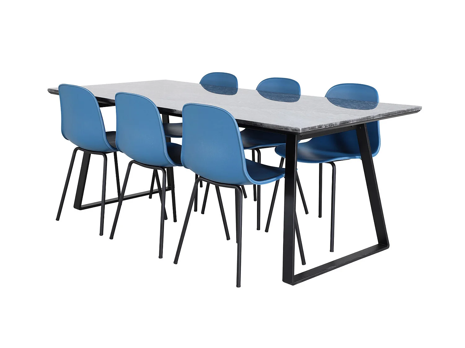 EstelleBLBL ensemble table, table noir, marbre et 6 Arctic chaises bleu, noir.