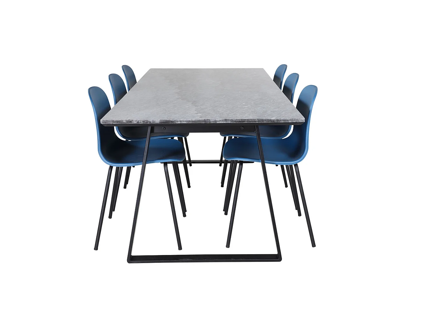EstelleBLBL ensemble table, table noir, marbre et 6 Arctic chaises bleu, noir.
