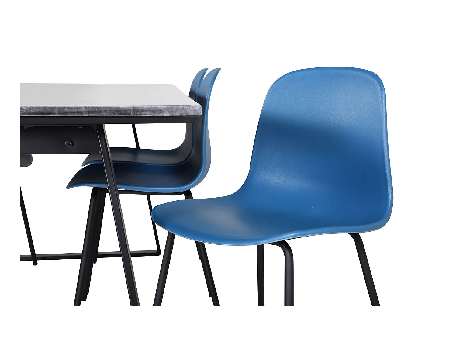 EstelleBLBL ensemble table, table noir, marbre et 6 Arctic chaises bleu, noir.