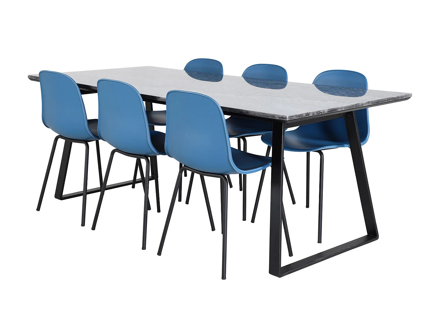 EstelleBLBL ensemble table, table noir, marbre et 6 Arctic chaises bleu, noir.
