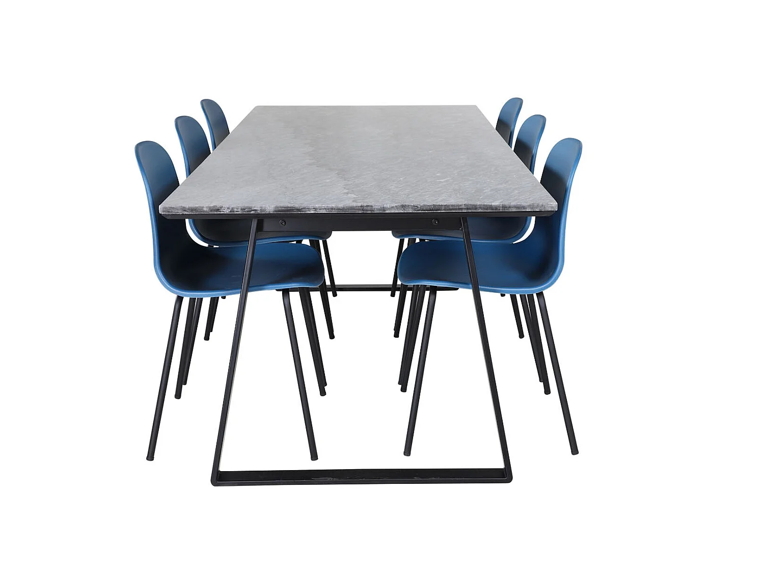 EstelleBLBL ensemble table, table noir, marbre et 6 Arctic chaises bleu, noir.