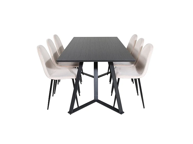 MarinaBLBL Essgruppe Esstisch schwarz und 6 Polar Esszimmerstühle Velour beige.