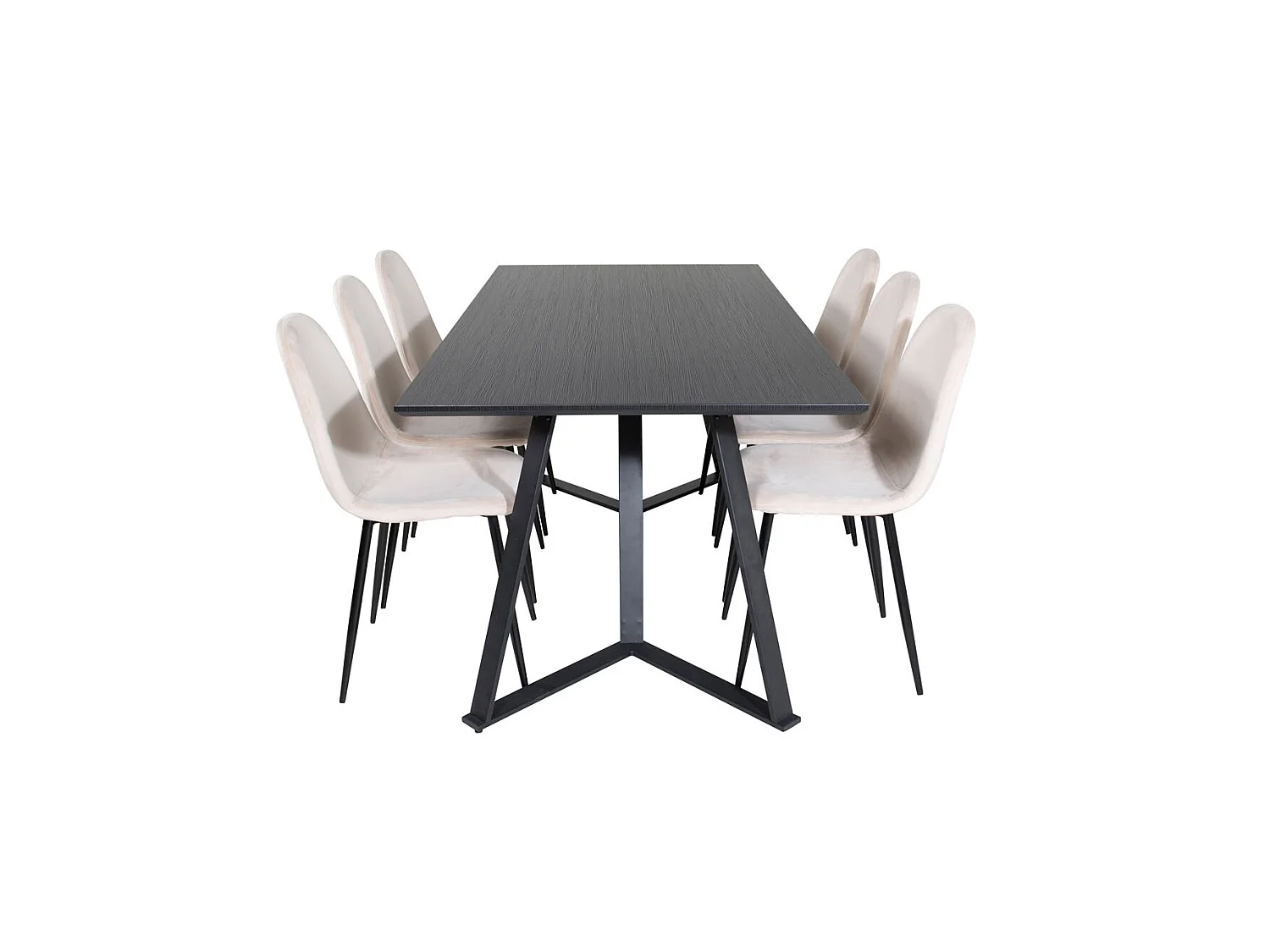 MarinaBLBL eethoek eetkamertafel zwart en 6 Polar eetkamerstal velours beige.