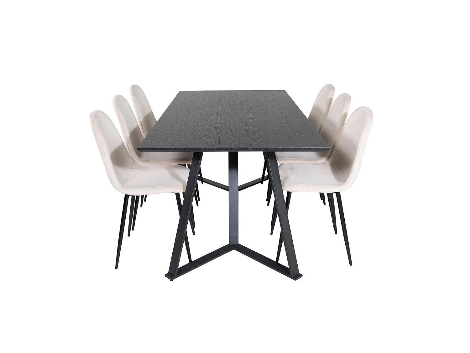 MarinaBLBL eethoek eetkamertafel zwart en 6 Polar eetkamerstal velours beige.
