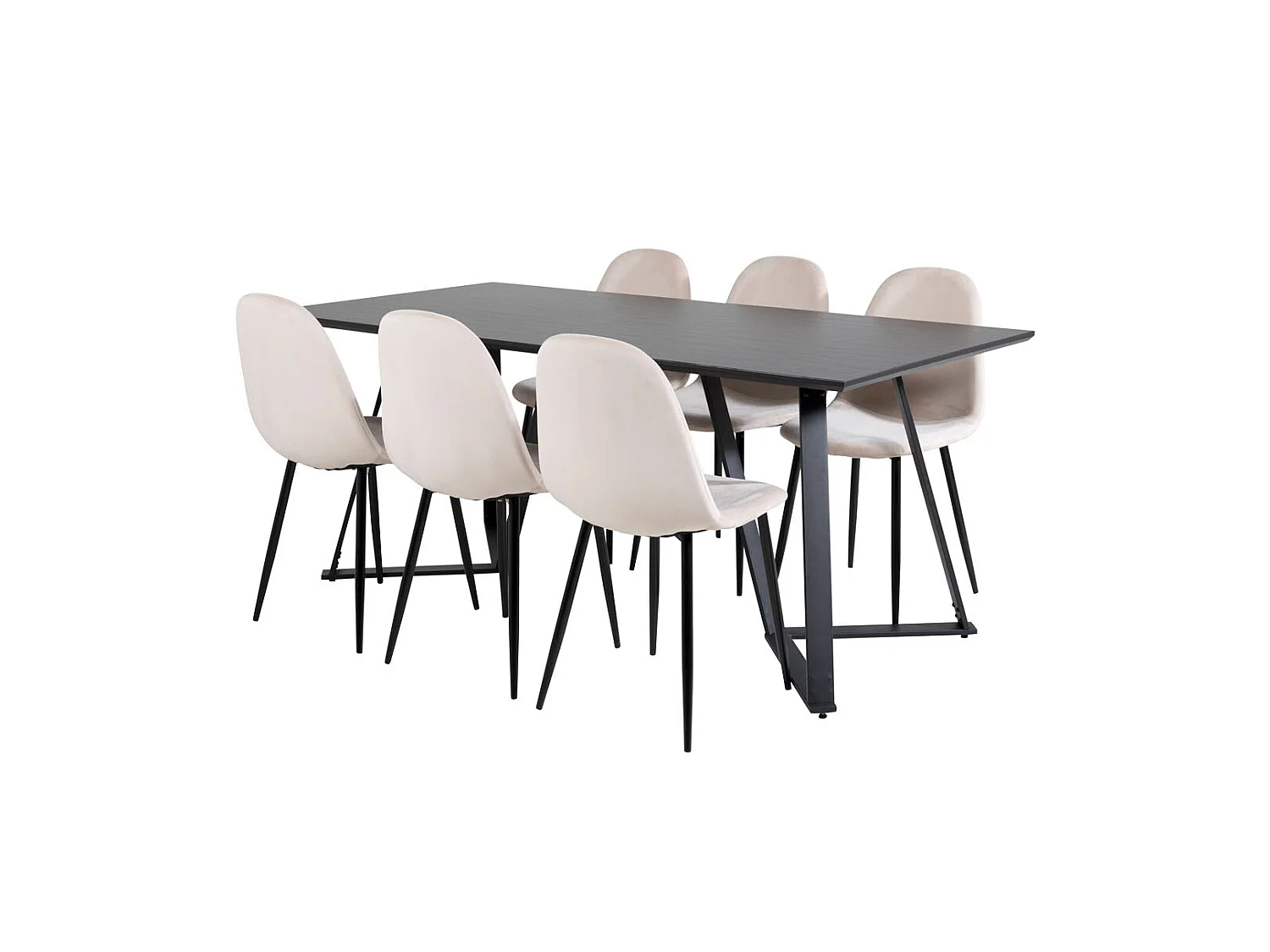 MarinaBLBL eethoek eetkamertafel zwart en 6 Polar eetkamerstal velours beige.