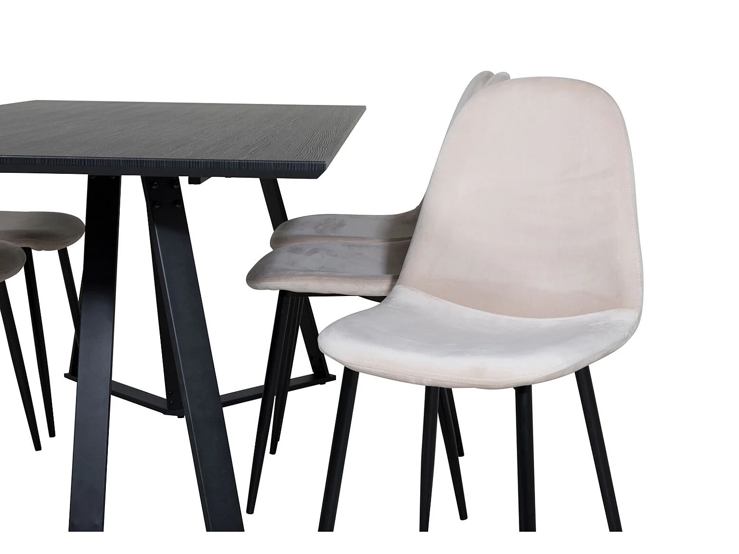 MarinaBLBL eethoek eetkamertafel zwart en 6 Polar eetkamerstal velours beige.