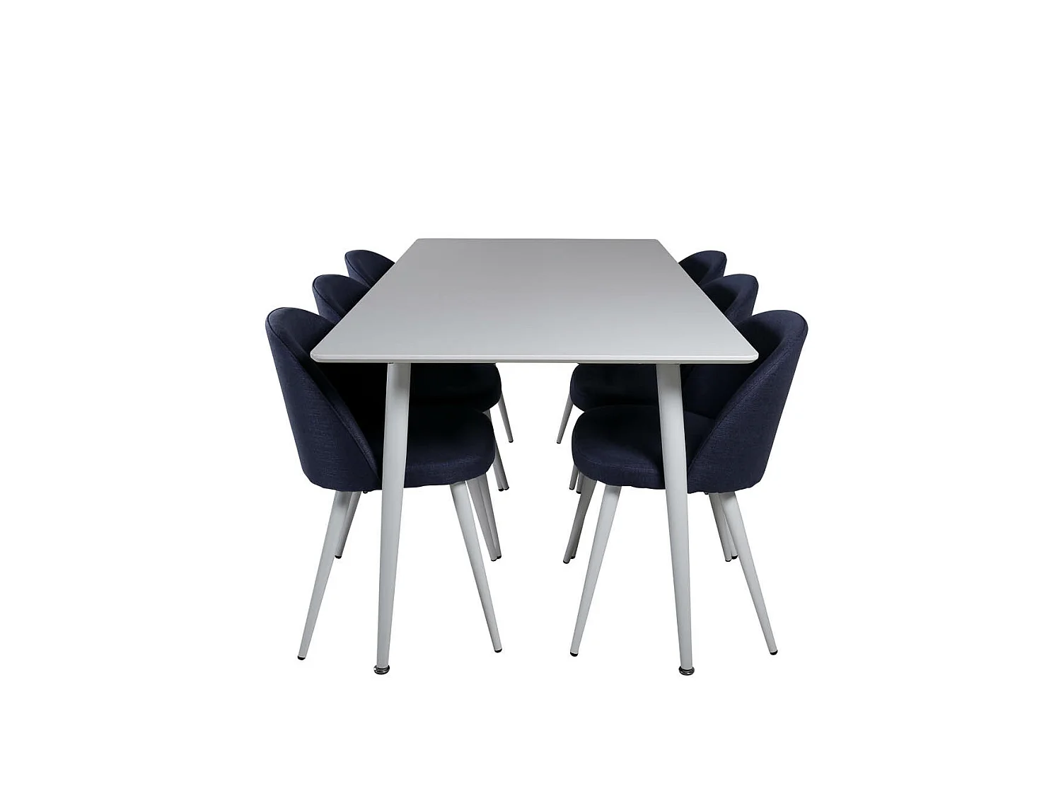Polar180X90WHWH eethoek eetkamertafel wit en 6 Velvet eetkamerstal blauw.