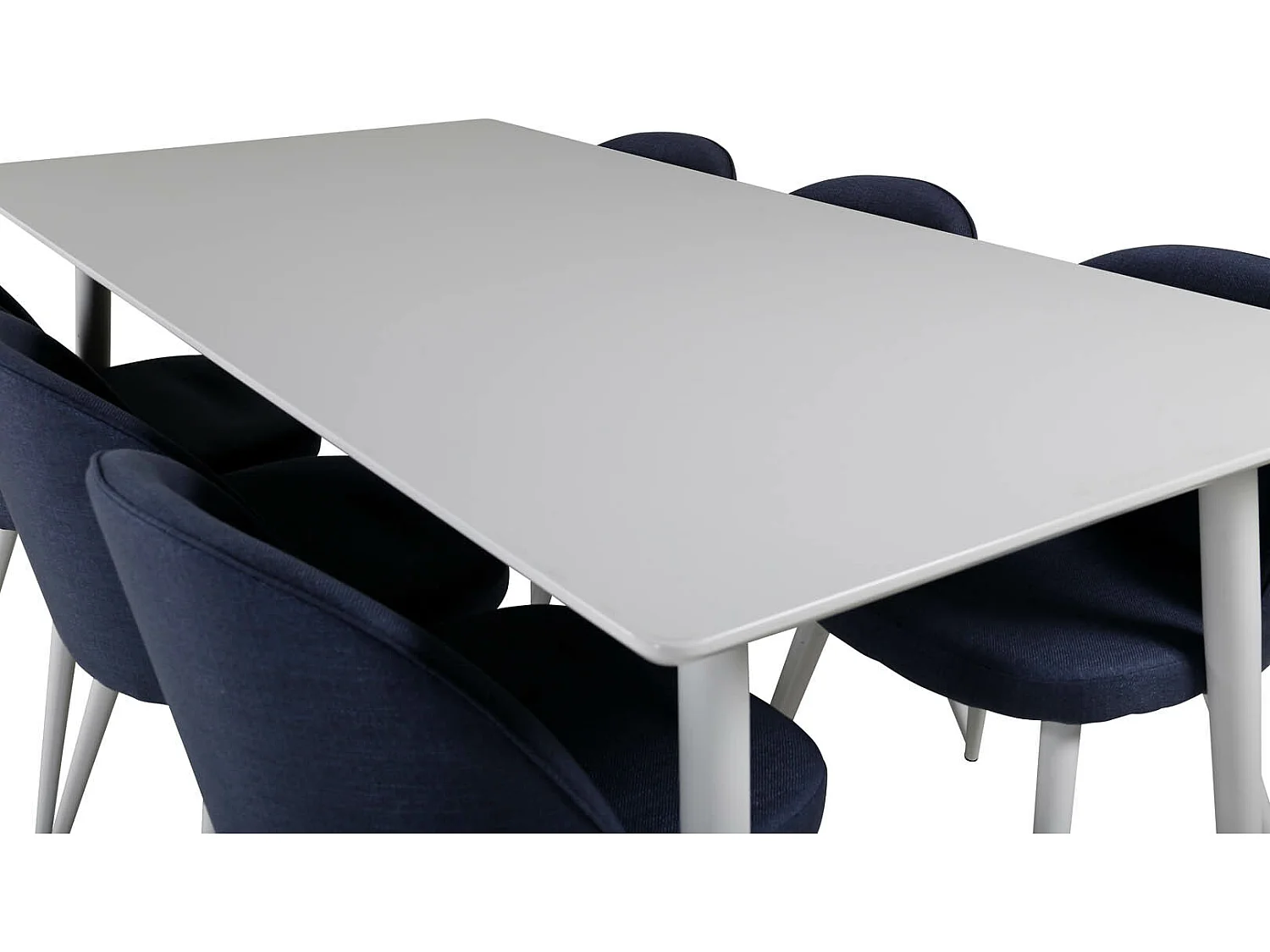 Polar180X90WHWH eethoek eetkamertafel wit en 6 Velvet eetkamerstal blauw.