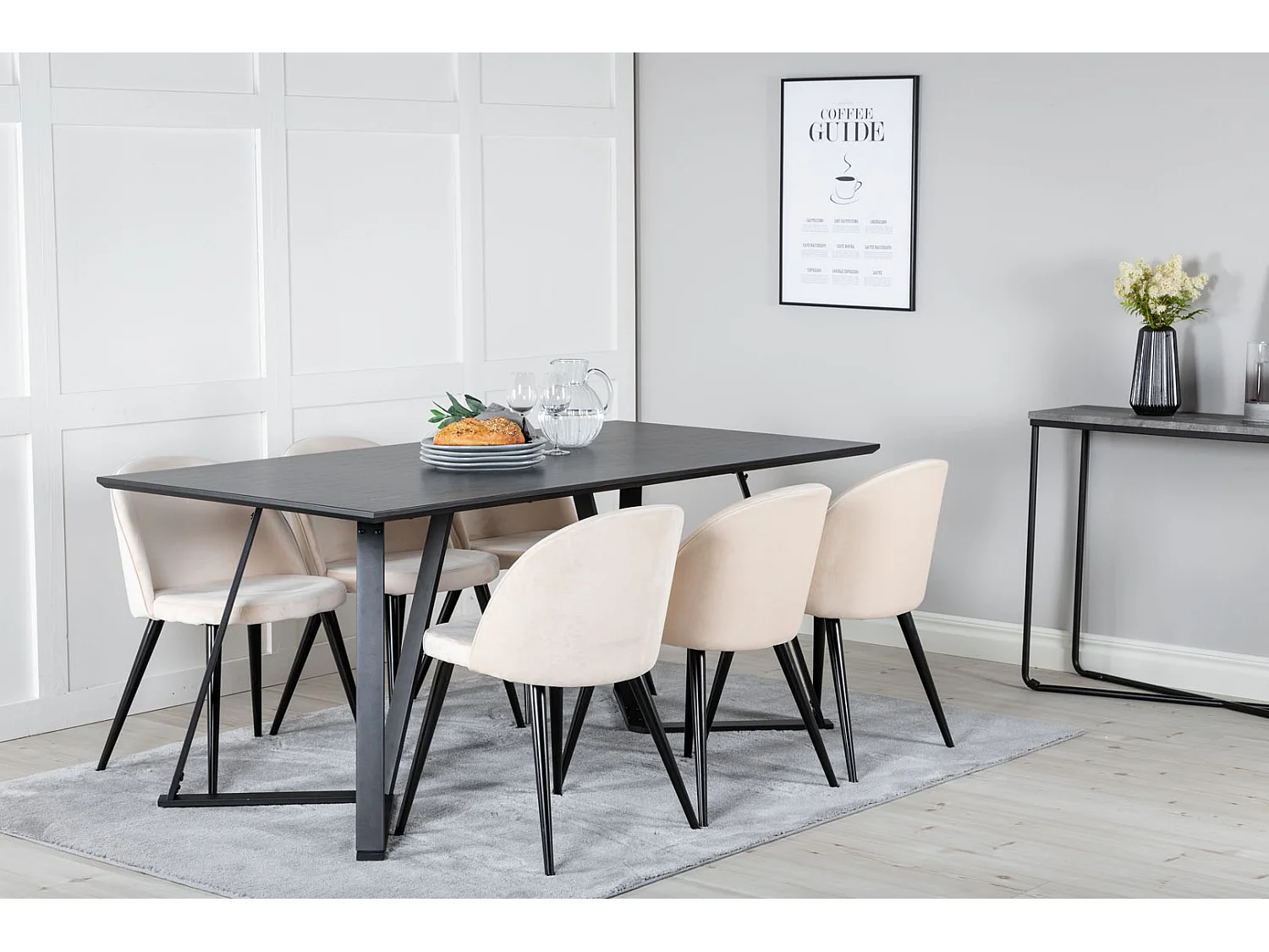 MarinaBLBL ensemble table, table noir et 6 Velvet chaises Velours beige, noir.