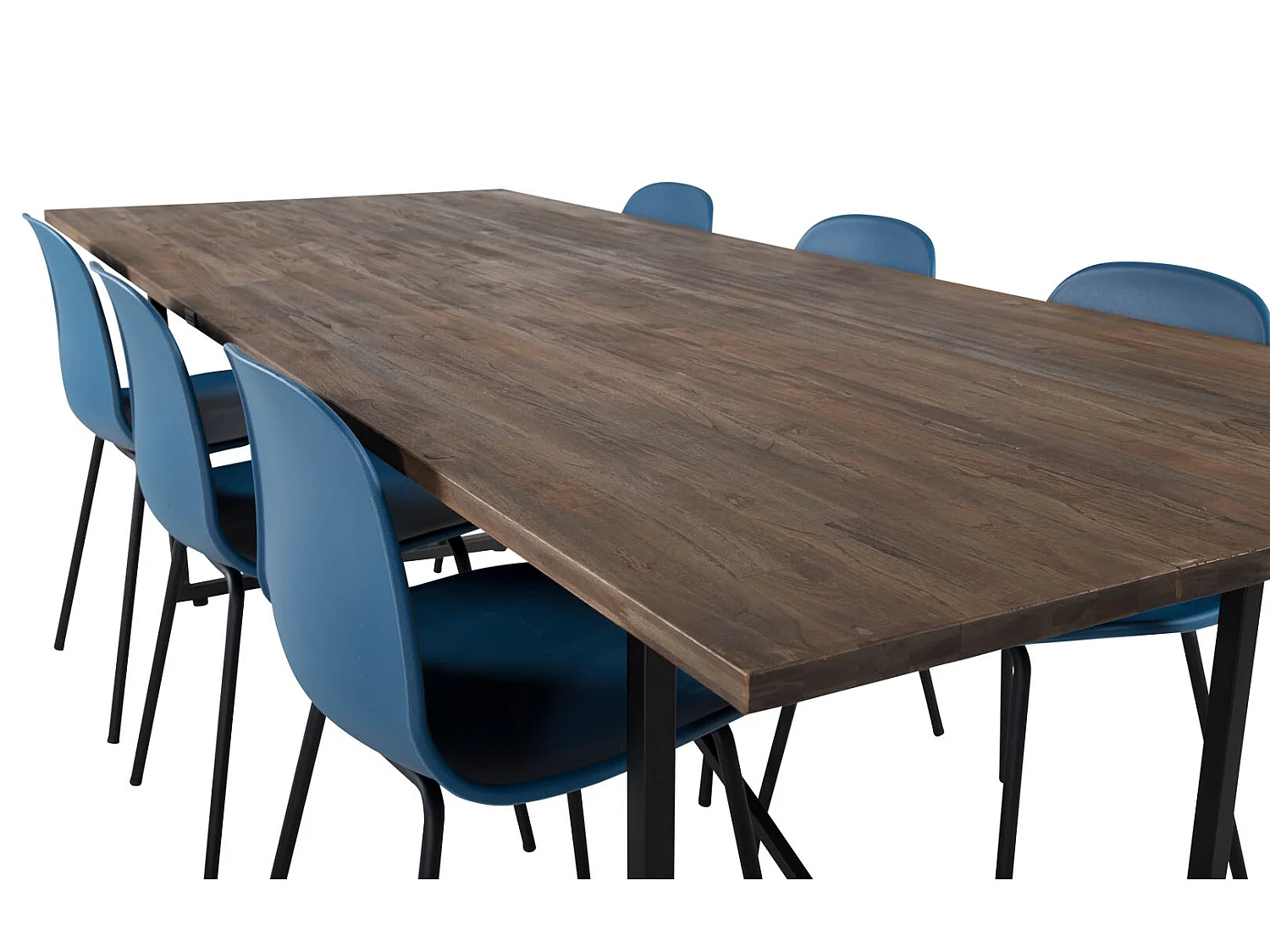 Padang ensemble table, table teck et 6 Arctic chaises bleu, noir.