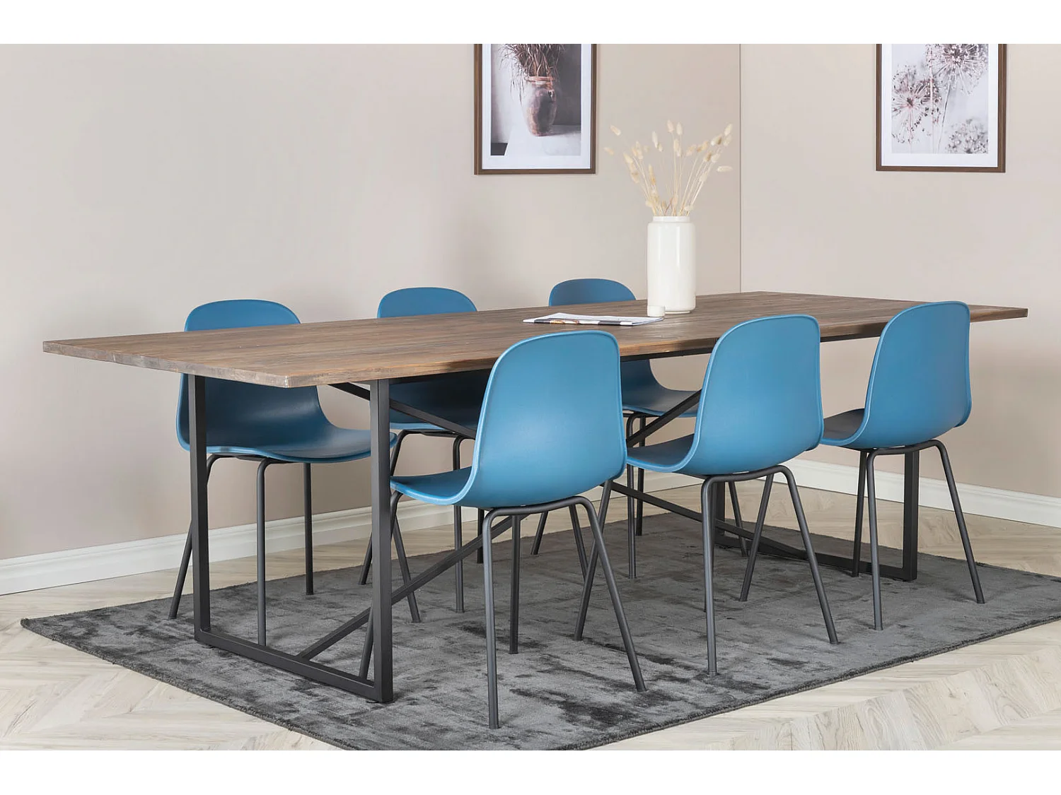 Padang ensemble table, table teck et 6 Arctic chaises bleu, noir.