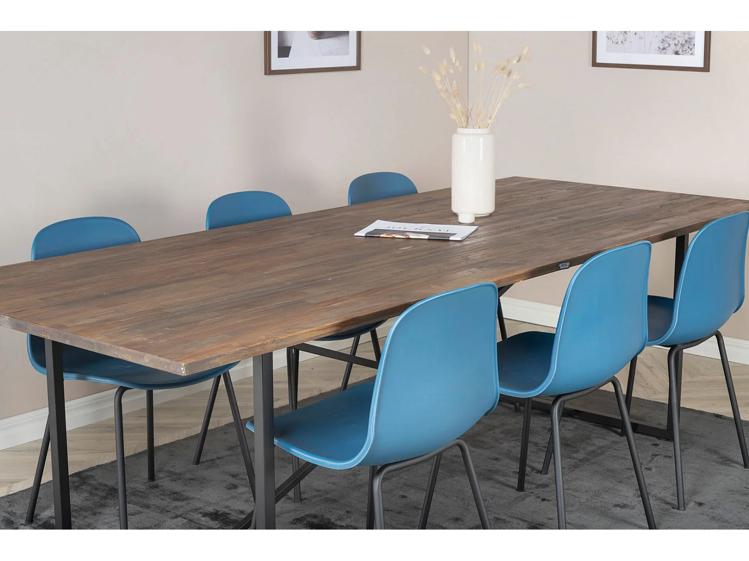 Padang ensemble table, table teck et 6 Arctic chaises bleu, noir.