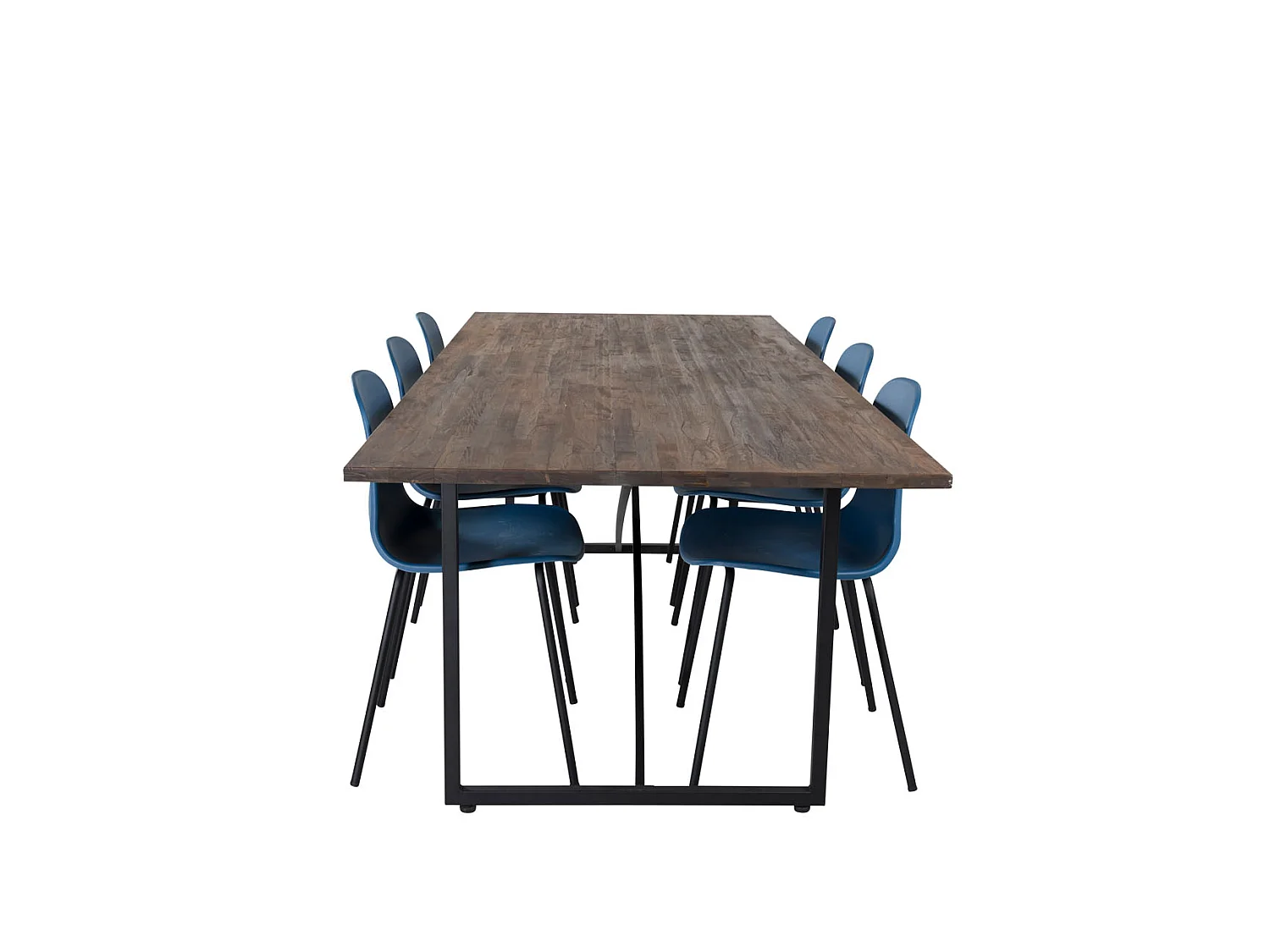 Padang Essgruppe Esstisch Teak und 6 Arctic Esszimmerstühle blau, schwarz.