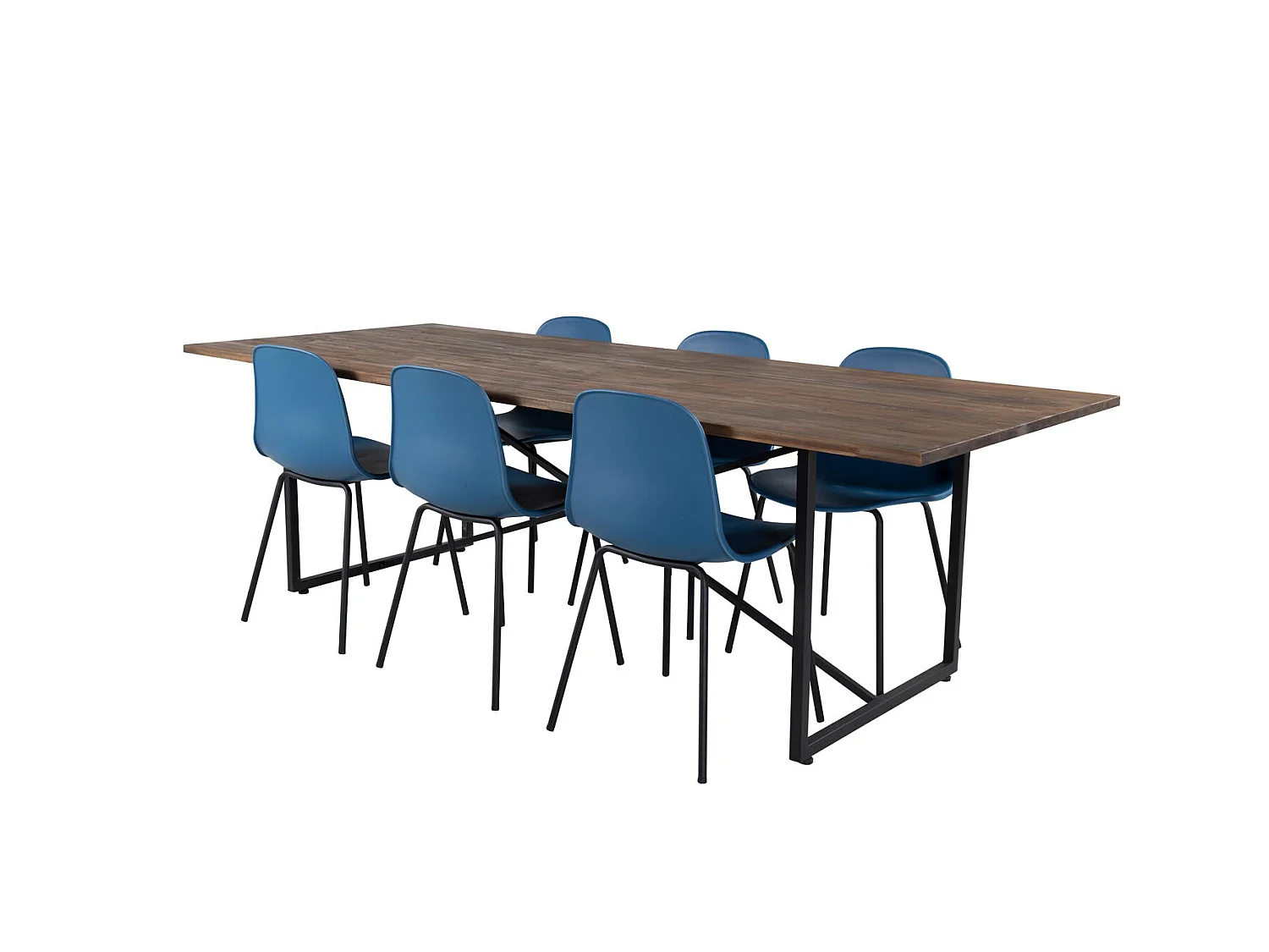 Padang Essgruppe Esstisch Teak und 6 Arctic Esszimmerstühle blau, schwarz.