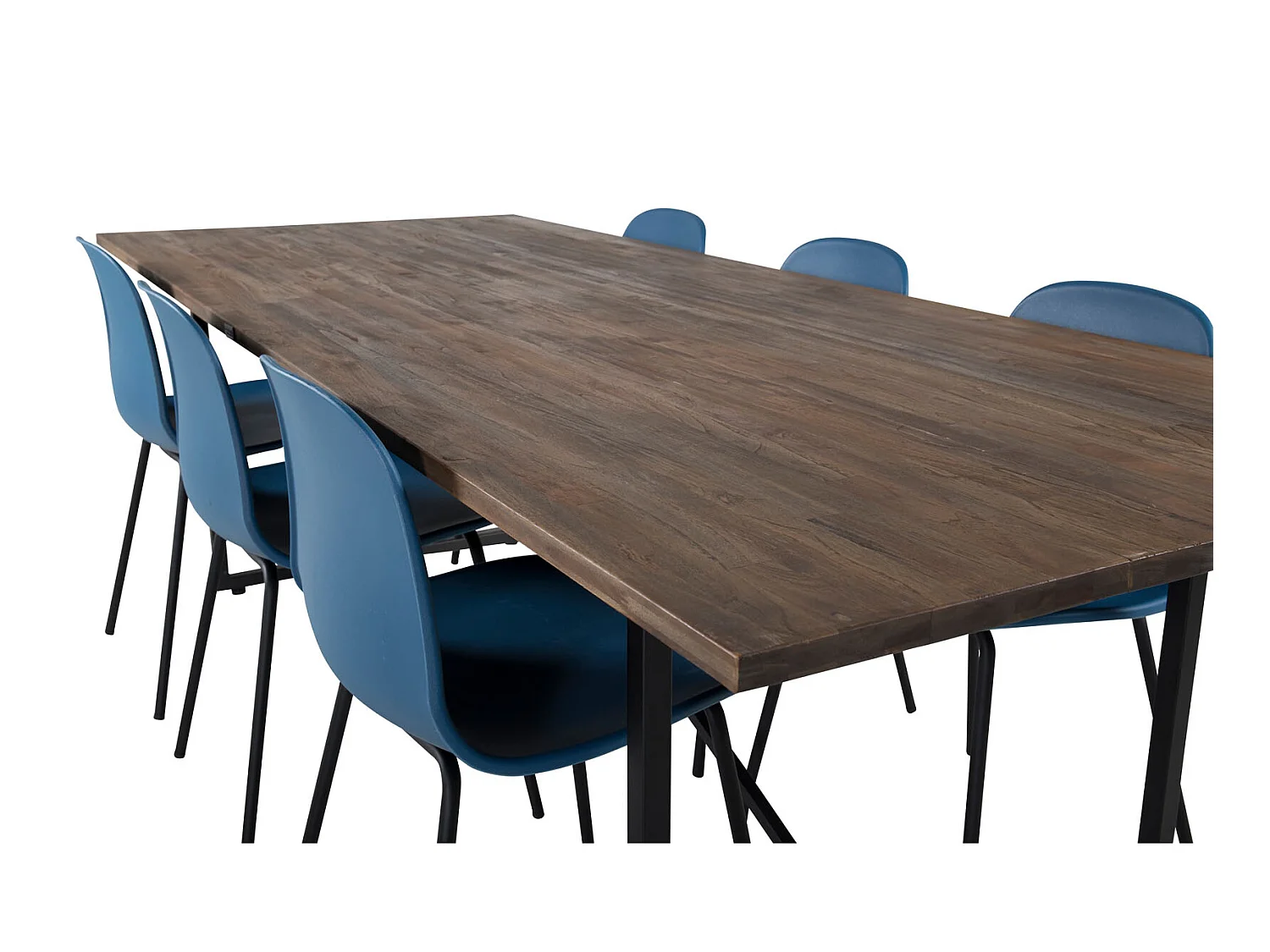 Padang Essgruppe Esstisch Teak und 6 Arctic Esszimmerstühle blau, schwarz.
