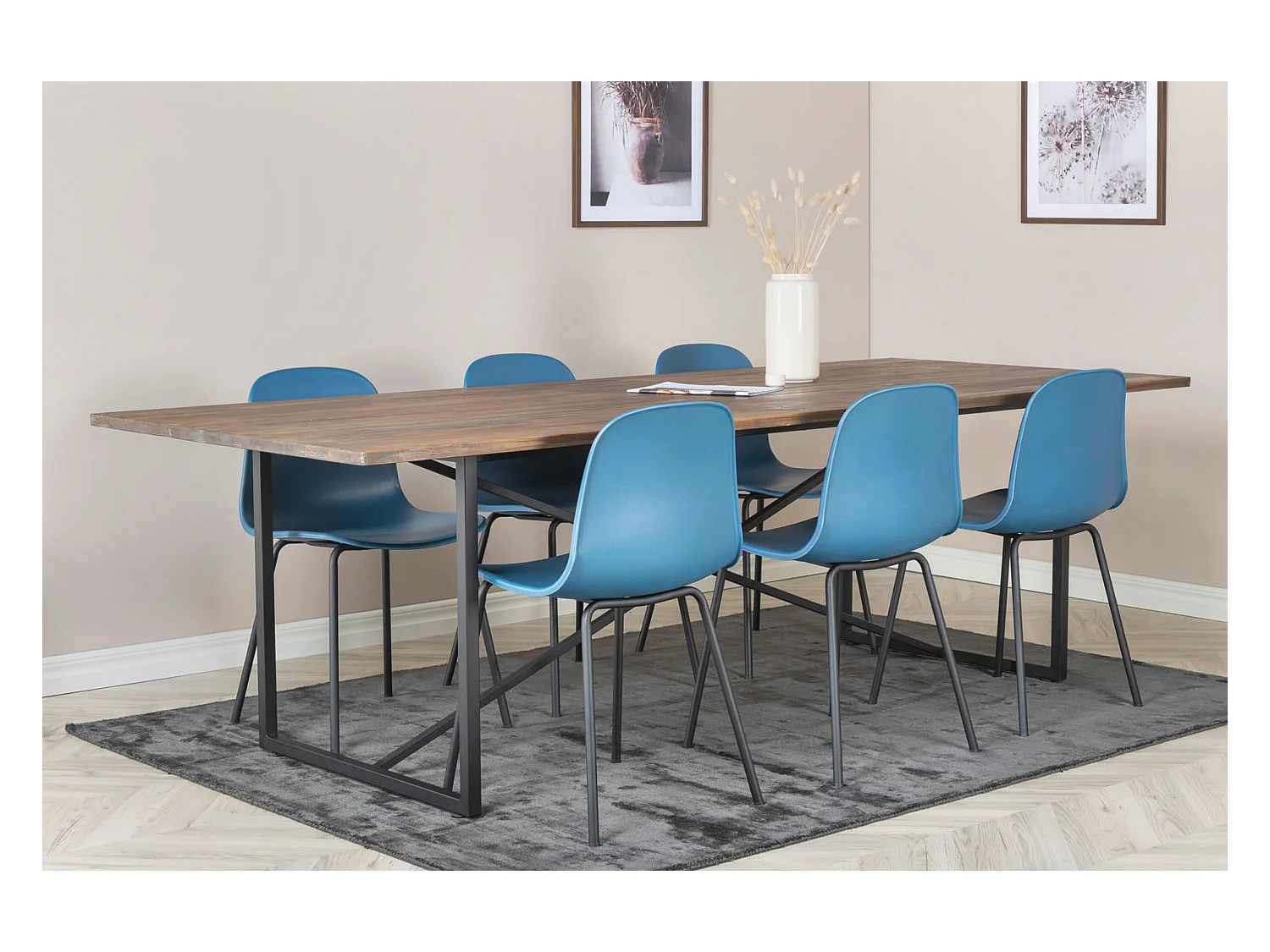 Padang Essgruppe Esstisch Teak und 6 Arctic Esszimmerstühle blau, schwarz.