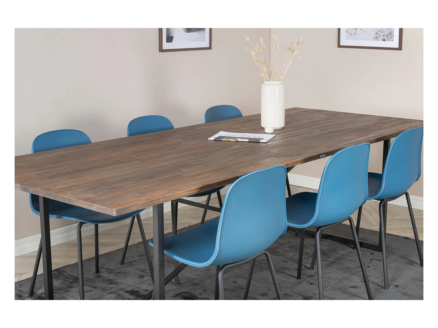 Padang Essgruppe Esstisch Teak und 6 Arctic Esszimmerstühle blau, schwarz.