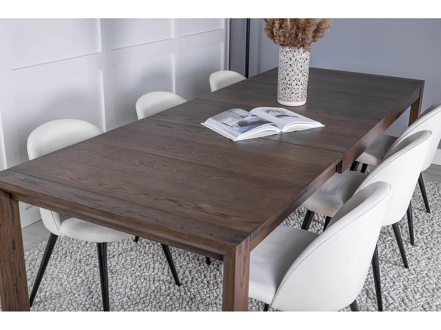 SliderOS ensemble table, table extensible longueur cm170 / 250 enfumé chêne et 6 Velvet chaises Velours côtelé beige, noir.