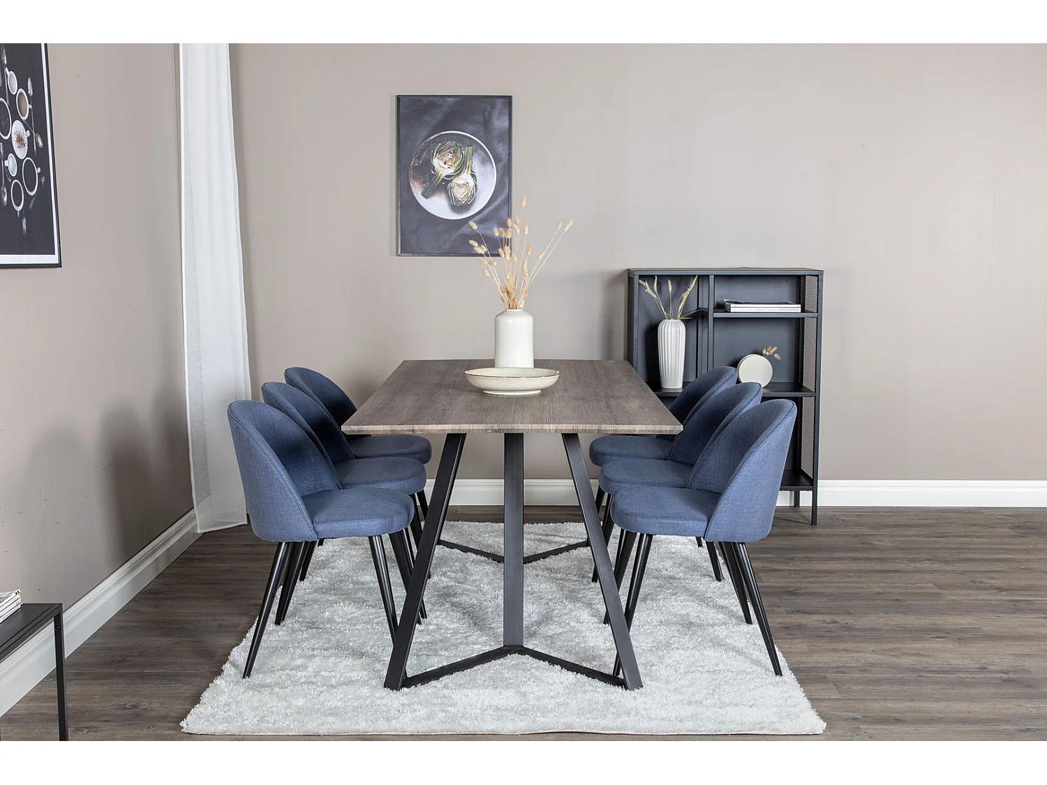 MarinaGRBL ensemble table, table El bois décor gris et 6 Velvet chaises bleu.