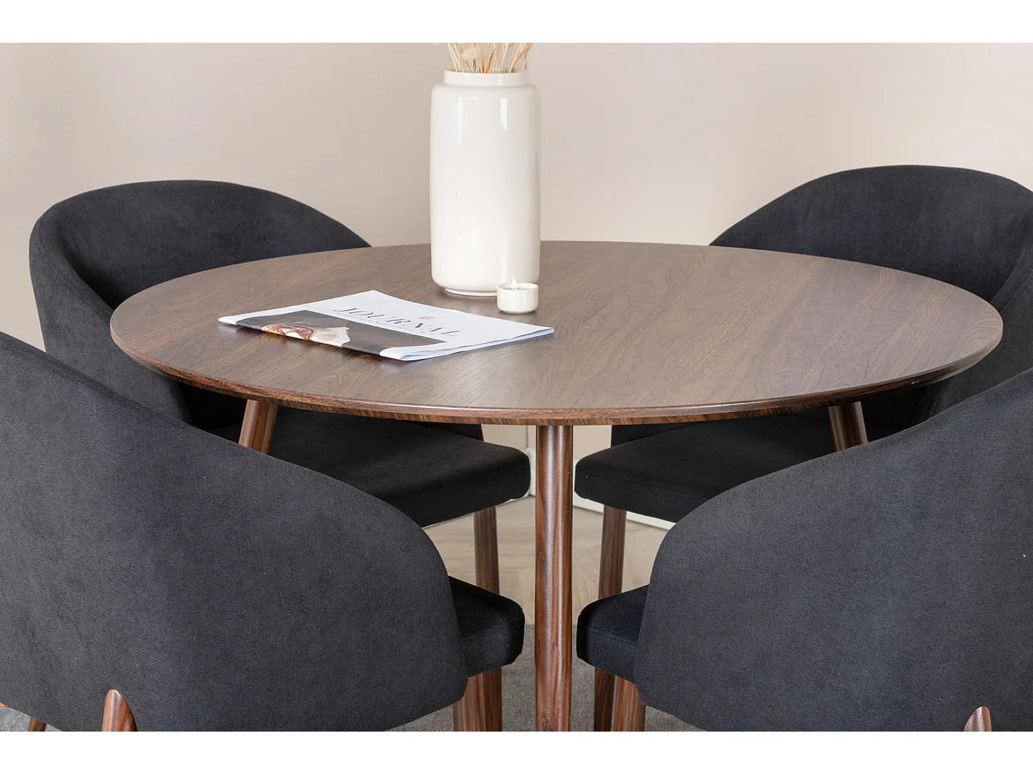 PlazaWA100 ensemble table, table noyer décor et 4 Arch chaises noir.