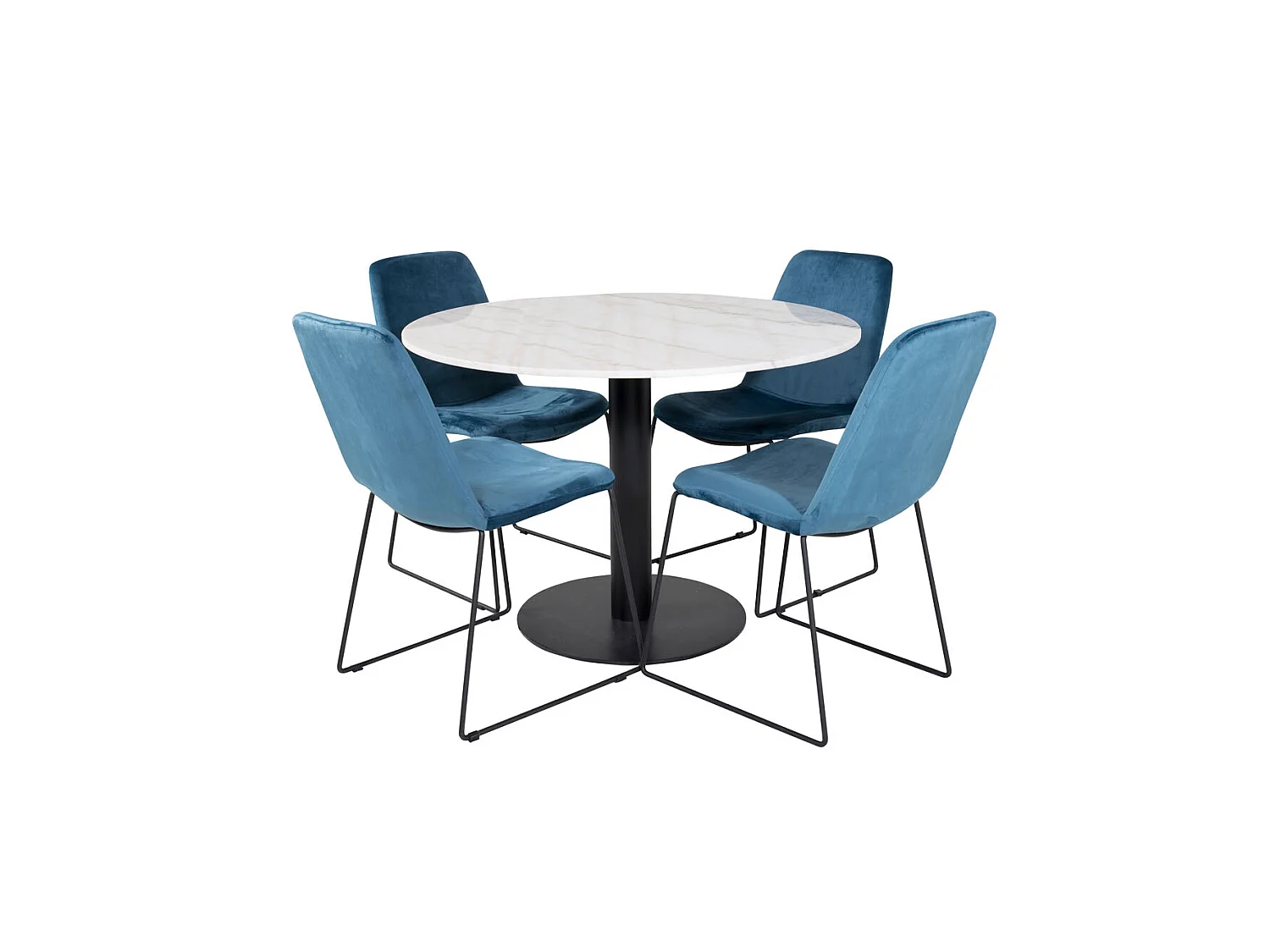 EstelleØ106WHBL ensemble table, table blanc, marbre et 4 Muce chaises Velours bleu.