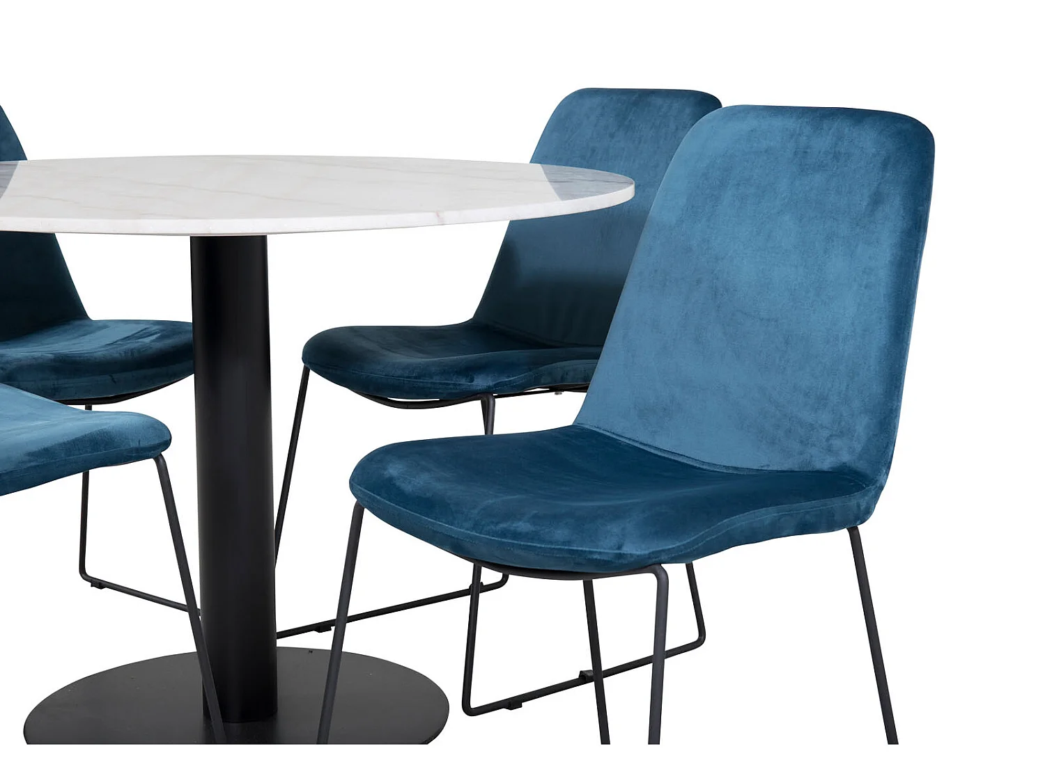 EstelleØ106WHBL eethoek eetkamertafel wit, marmer en 4 Muce eetkamerstal velours blauw.