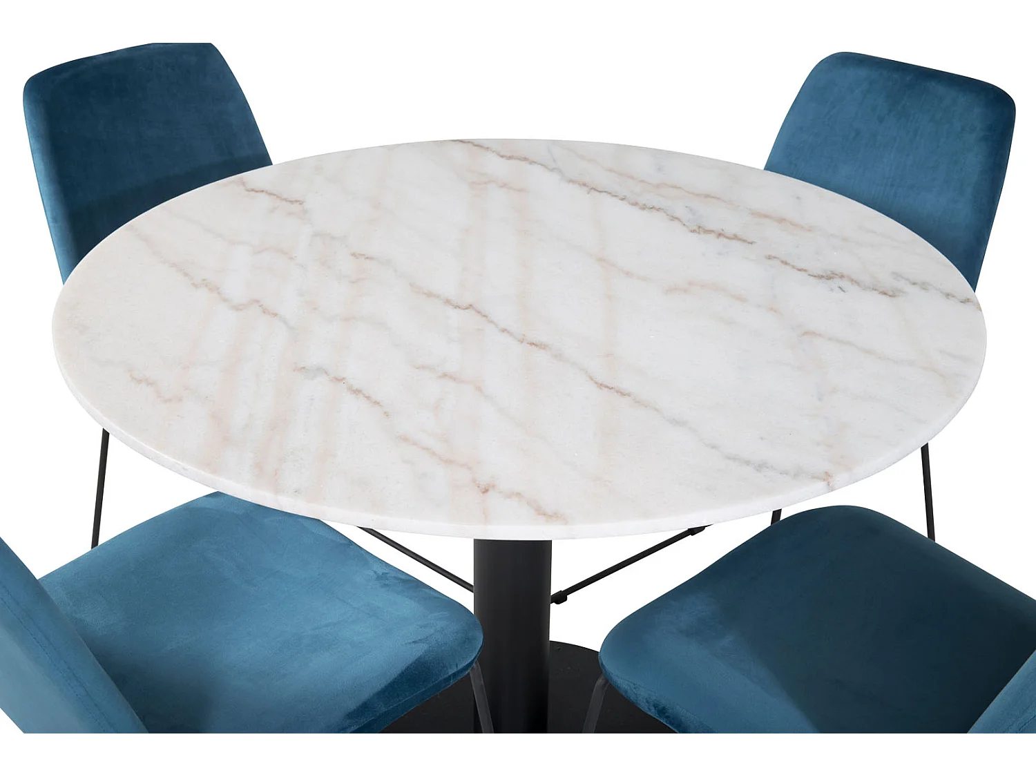 EstelleØ106WHBL eethoek eetkamertafel wit, marmer en 4 Muce eetkamerstal velours blauw.