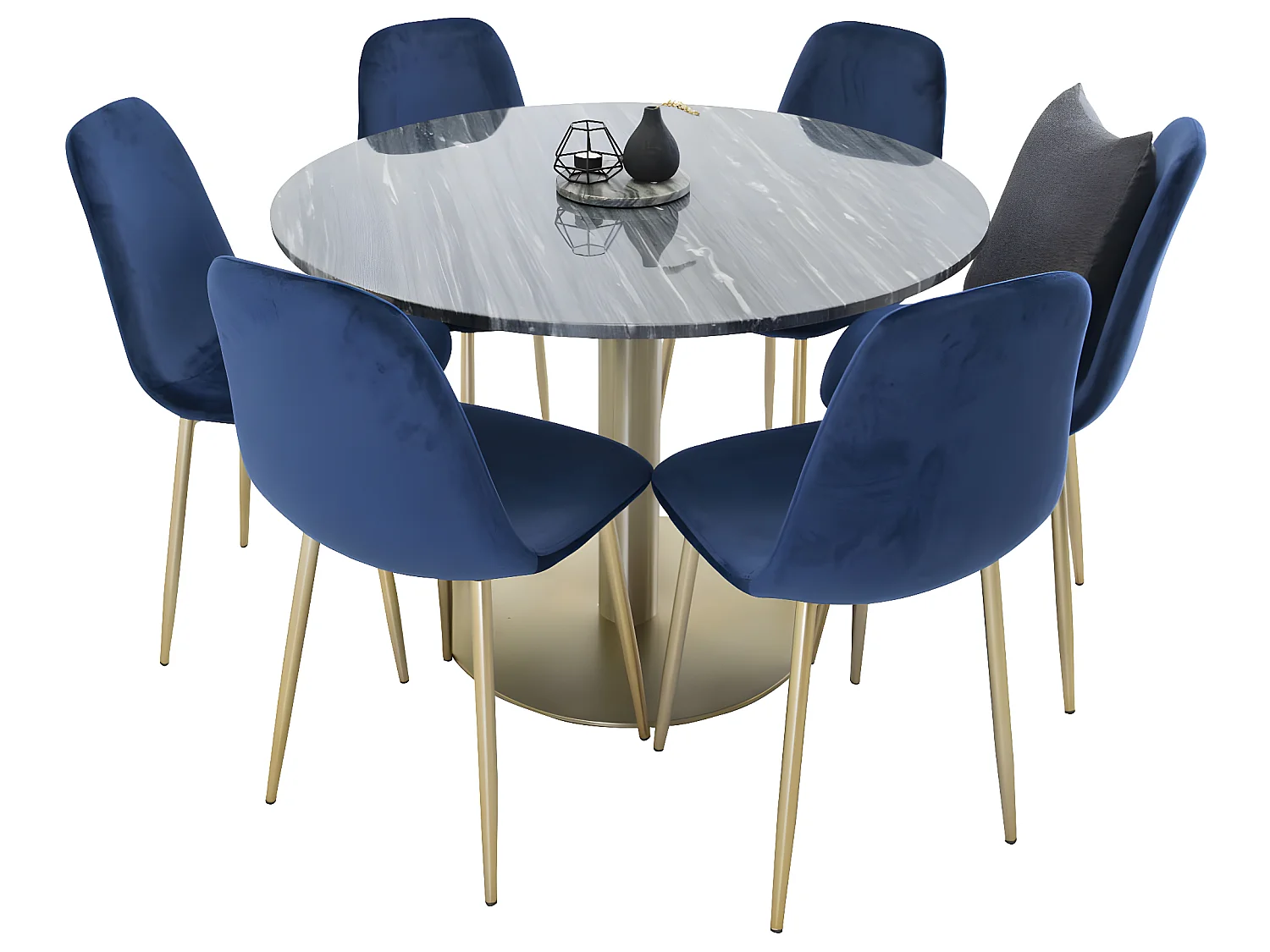 EstelleØ106BLBR eethoek eetkamertafel zwart, marmer en 6 Polar eetkamerstal velours blauw, messing decor.