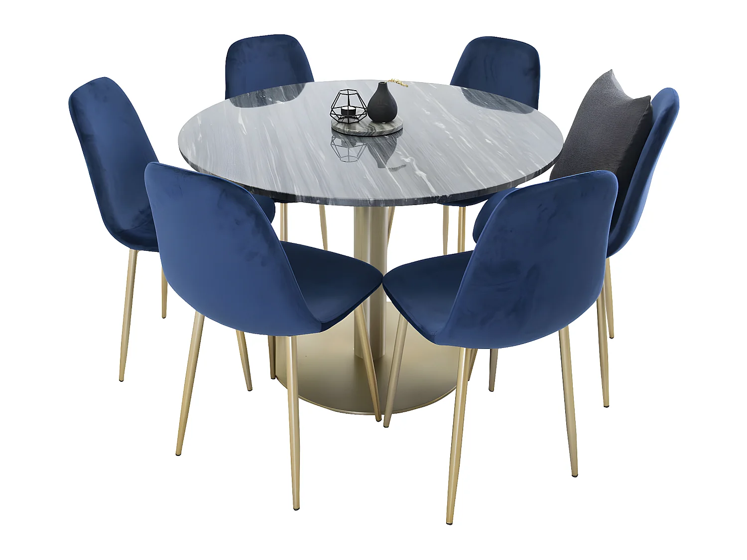 EstelleØ106BLBR ensemble table, table noir, marbre et 6 Polar chaises Velours bleu, laiton décor.