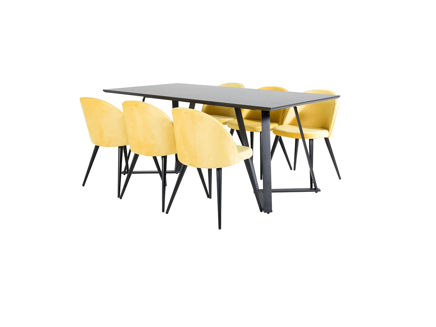 MarinaBLBL ensemble table, table noir et 6 Velvet chaises Velours jaune, noir.