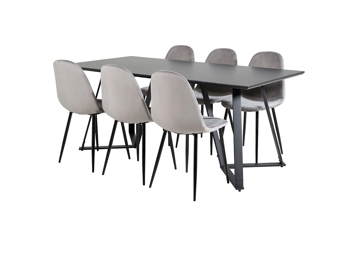 MarinaBLBL eethoek eetkamertafel zwart en 6 Polar eetkamerstal velours grijs.