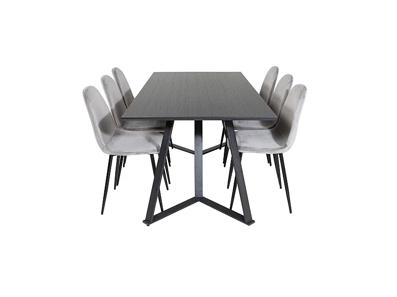 MarinaBLBL ensemble table, table noir et 6 Polar chaises Velours gris.