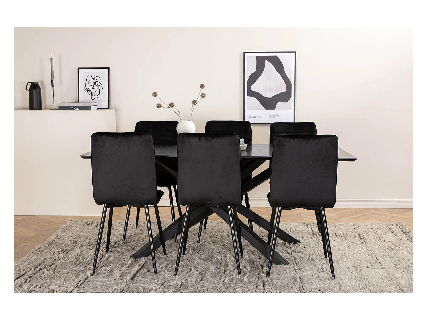 PiazzaBLBL Essgruppe Esstisch schwarz und 6 Windu Lyx Esszimmerstühle Velour schwarz.