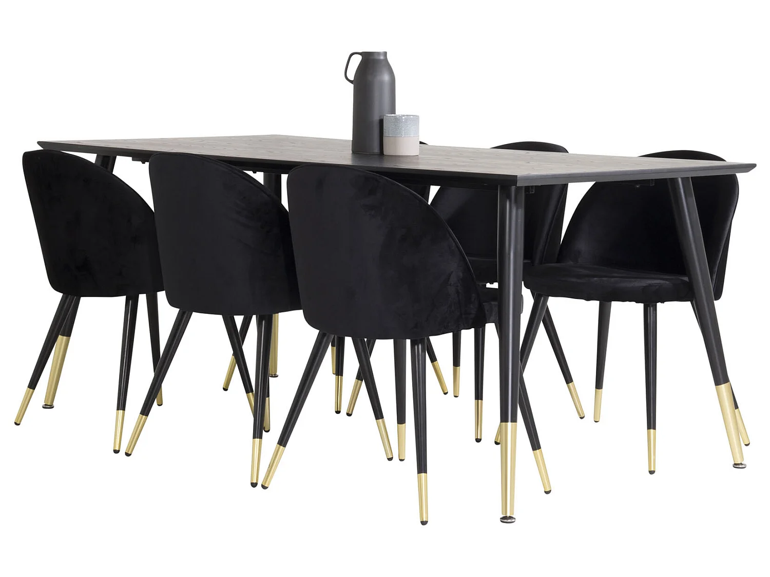Dipp180x90BLBR eethoek eetkamertafel zwart en 6 Velvet eetkamerstal velours zwart, messing decor.