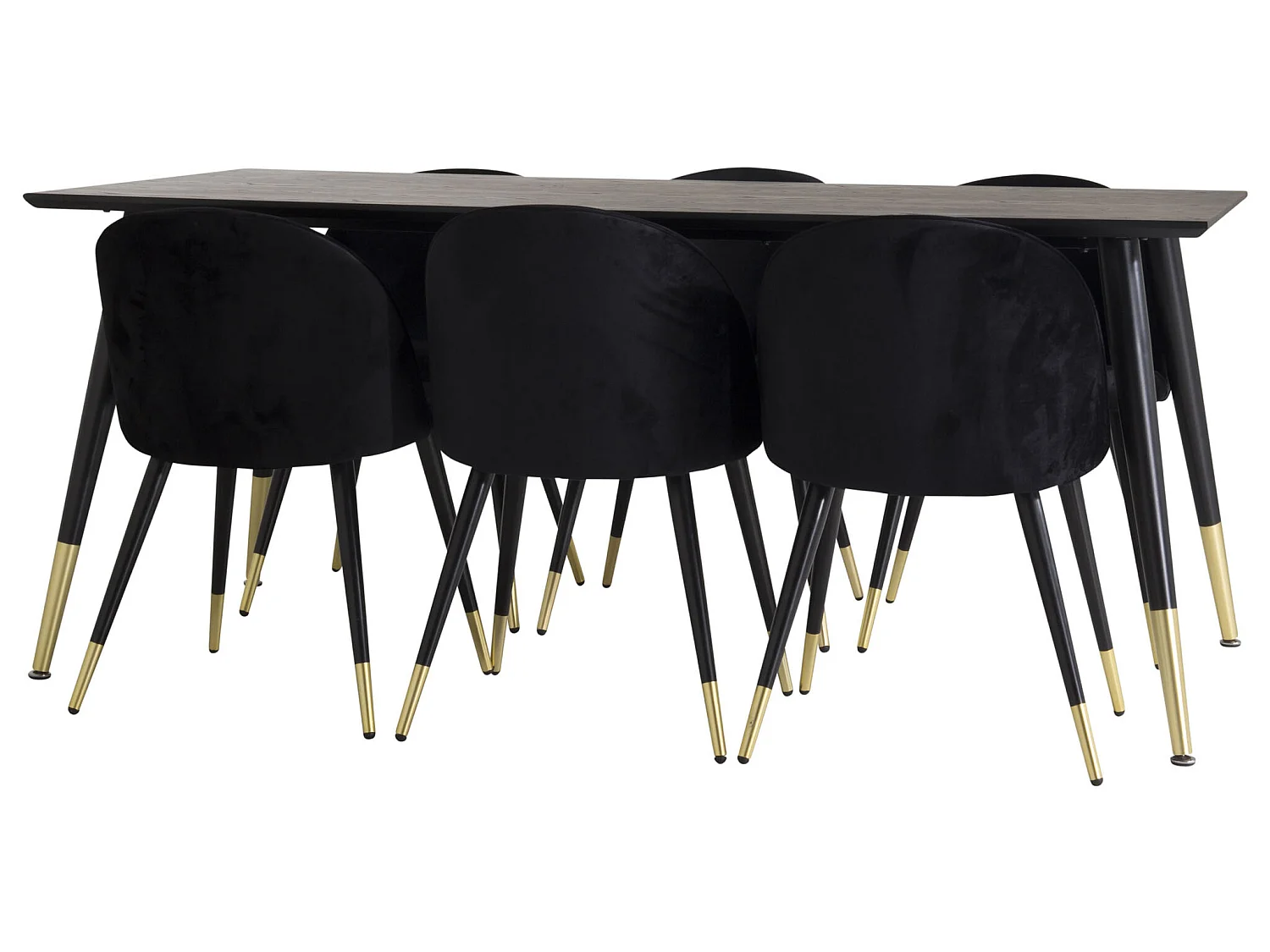 Dipp180x90BLBR eethoek eetkamertafel zwart en 6 Velvet eetkamerstal velours zwart, messing decor.