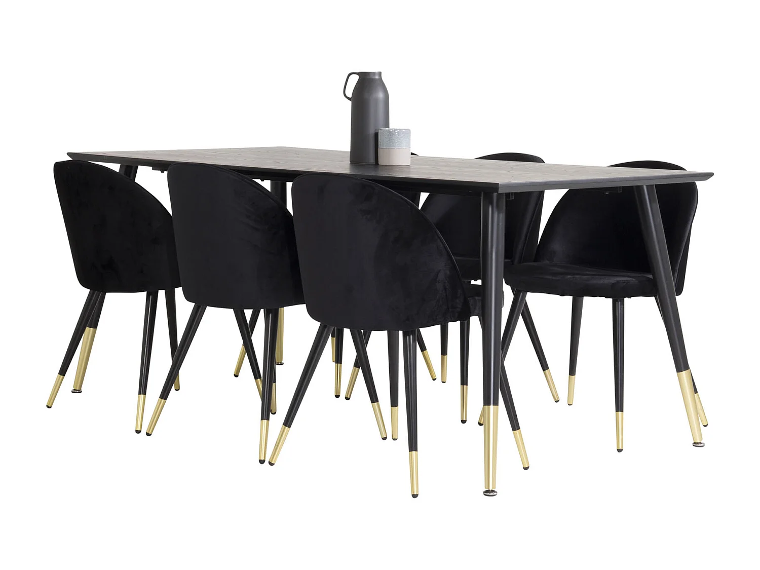 Dipp180x90BLBR ensemble table, table noir et 6 Velvet chaises Velours noir, laiton décor.