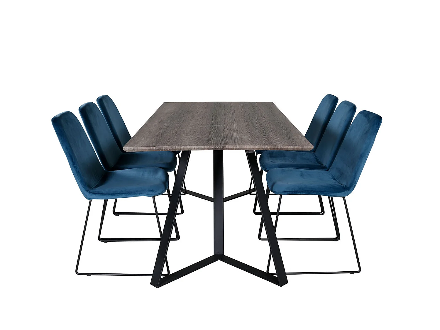 MarinaGRBL eethoek eetkamertafel el hout decor grijs en 6 Muce eetkamerstal velours blauw.
