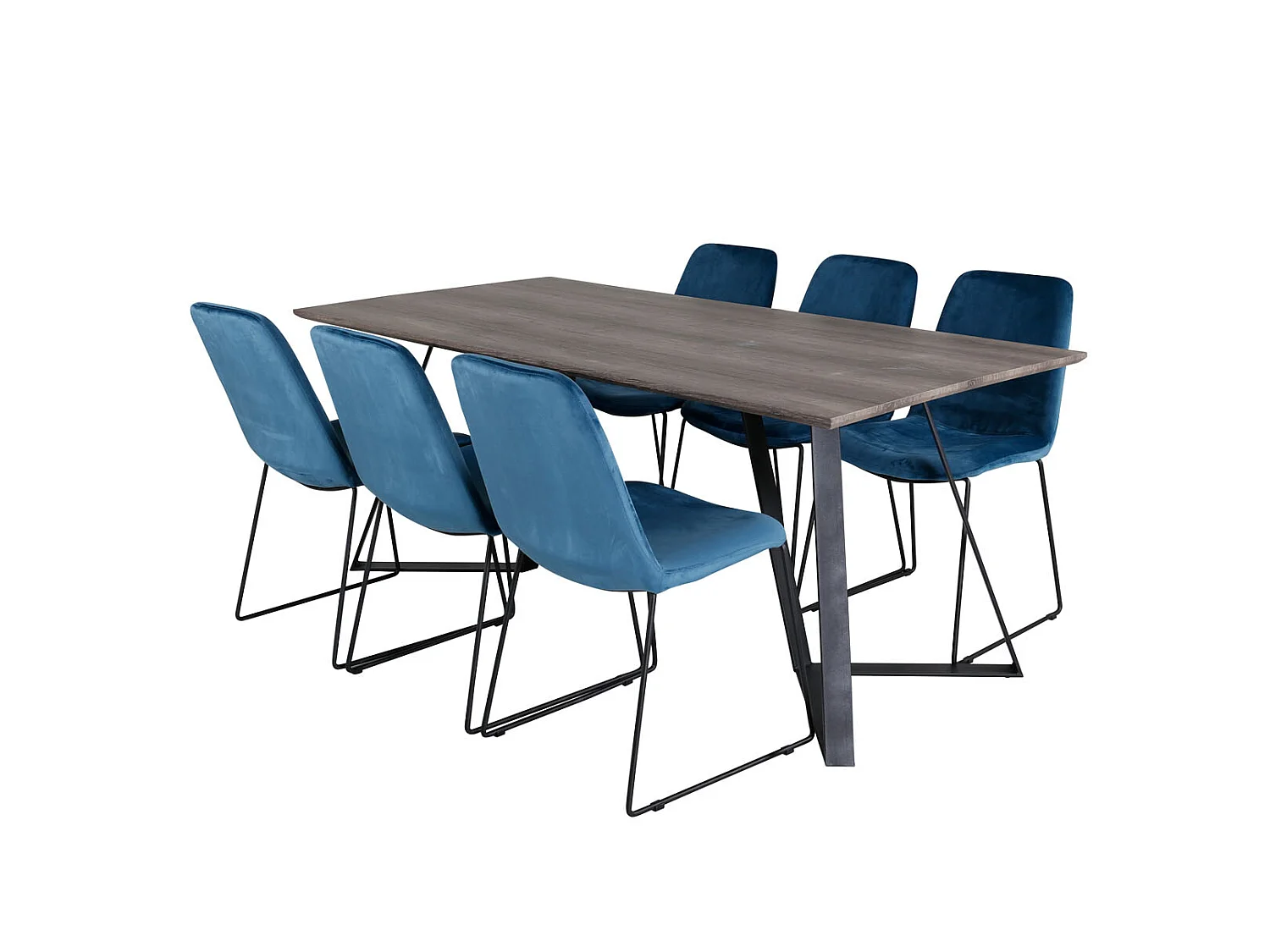 MarinaGRBL eethoek eetkamertafel el hout decor grijs en 6 Muce eetkamerstal velours blauw.
