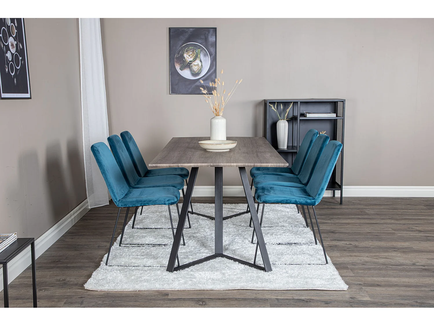 MarinaGRBL eethoek eetkamertafel el hout decor grijs en 6 Muce eetkamerstal velours blauw.