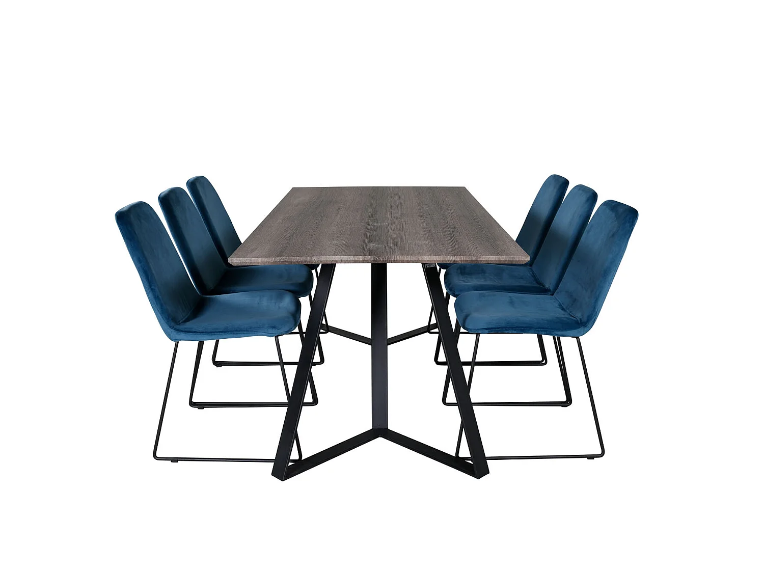 MarinaGRBL ensemble table, table El bois décor gris et 6 Muce chaises Velours bleu.