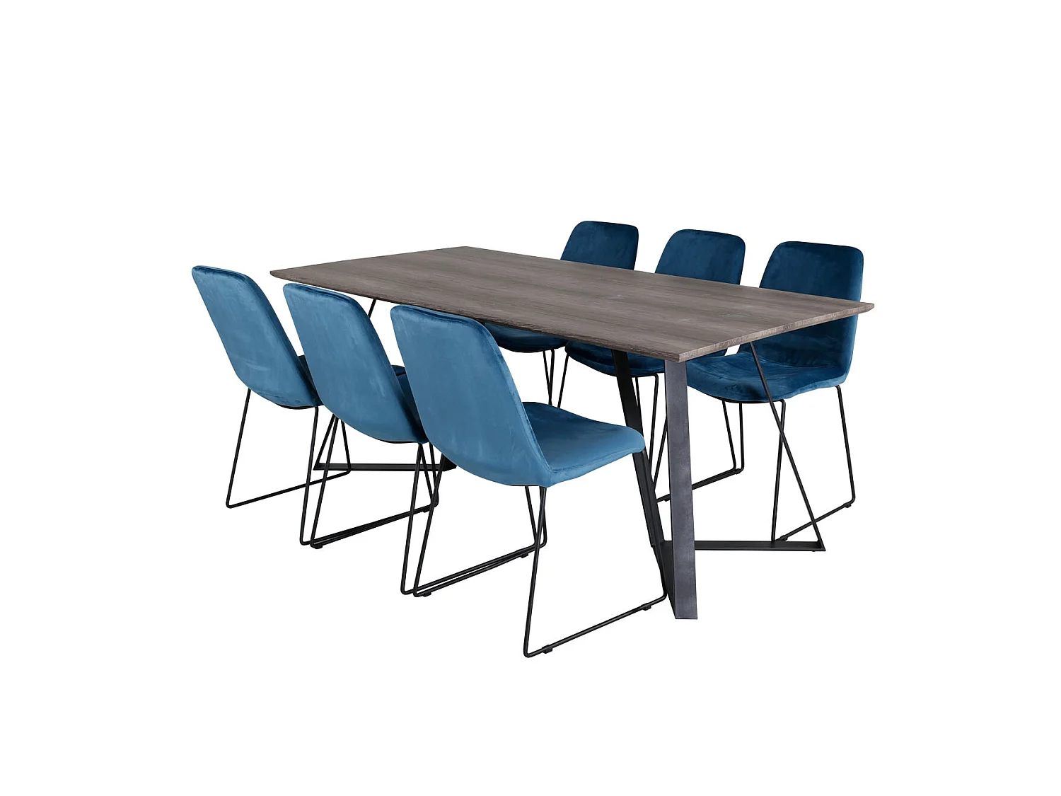 MarinaGRBL ensemble table, table El bois décor gris et 6 Muce chaises Velours bleu.