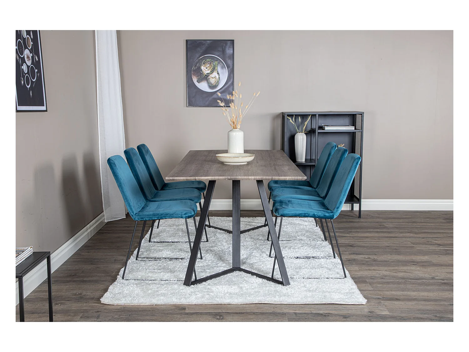 MarinaGRBL ensemble table, table El bois décor gris et 6 Muce chaises Velours bleu.