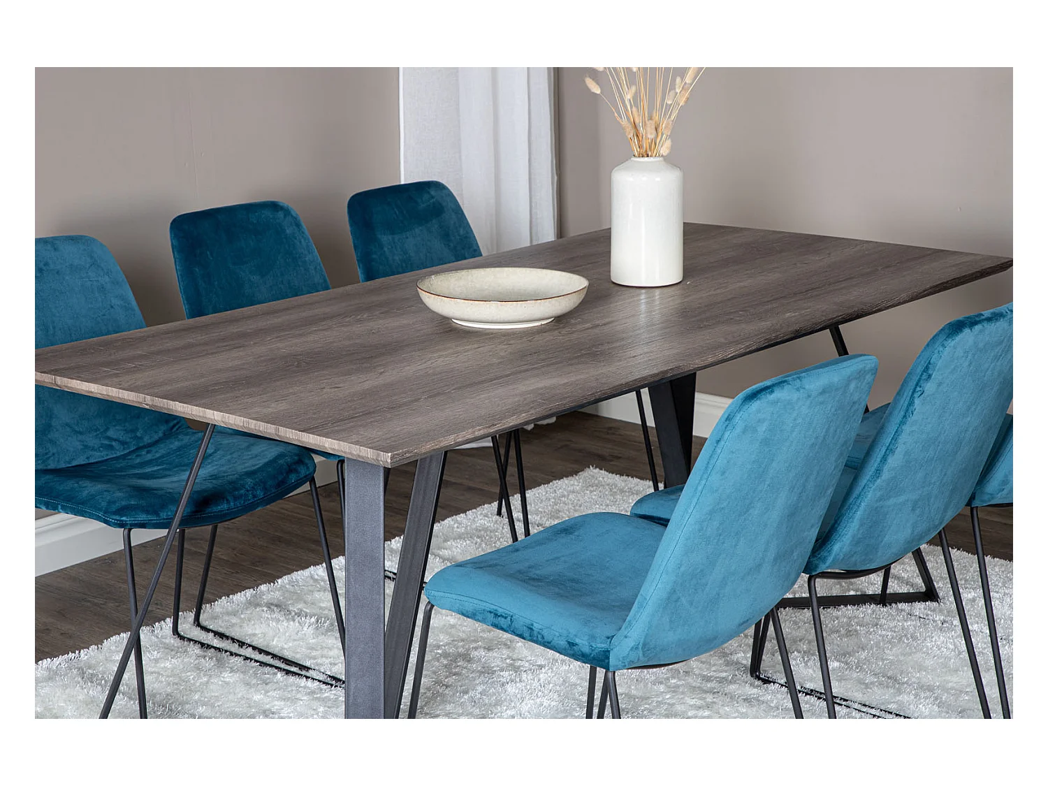 MarinaGRBL ensemble table, table El bois décor gris et 6 Muce chaises Velours bleu.