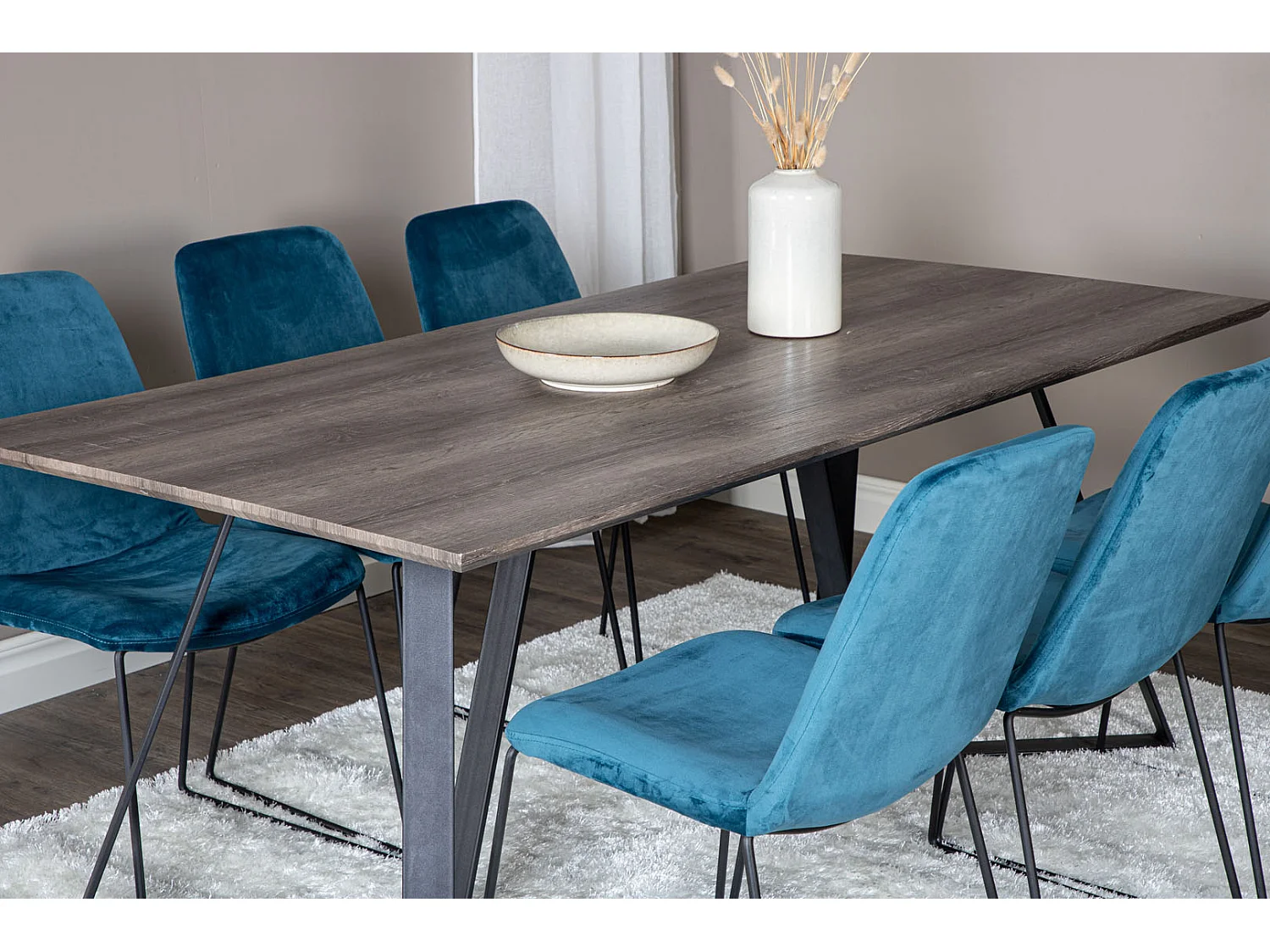 MarinaGRBL ensemble table, table El bois décor gris et 6 Muce chaises Velours bleu.
