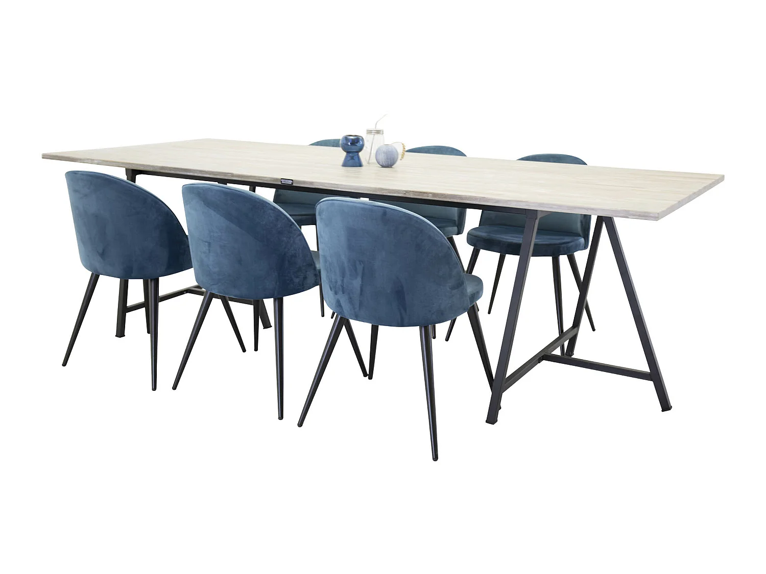 Jepara ensemble table, table teck et 6 Velvet chaises Velours bleu, noir.